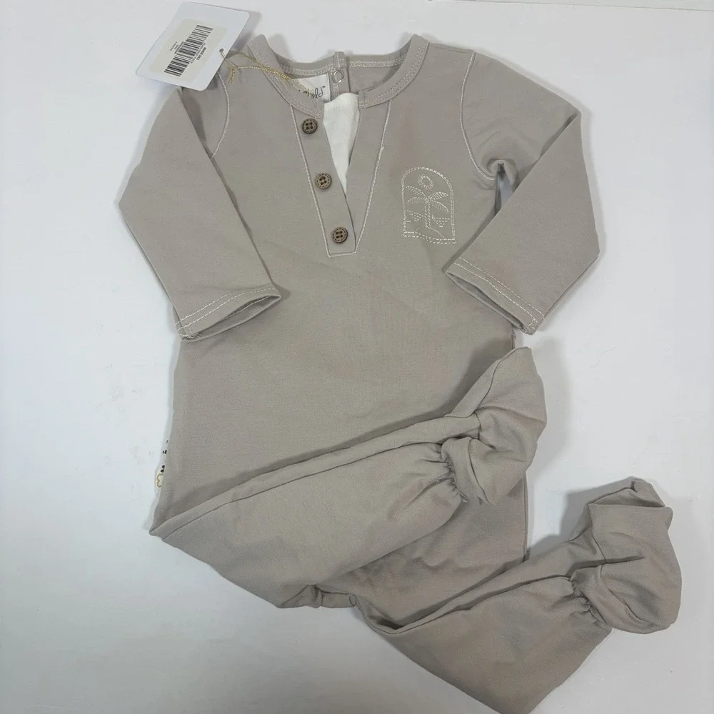 New- Maniere Child Island Henley Footie Sand Brown Beige 6 Months Beach